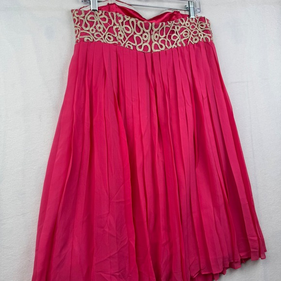 Lilly Pulitzer Pink Pleated‎ Skirt Gold Lace Trim Sweetheart Strapless Dressy 10 - Picture 5 of 7